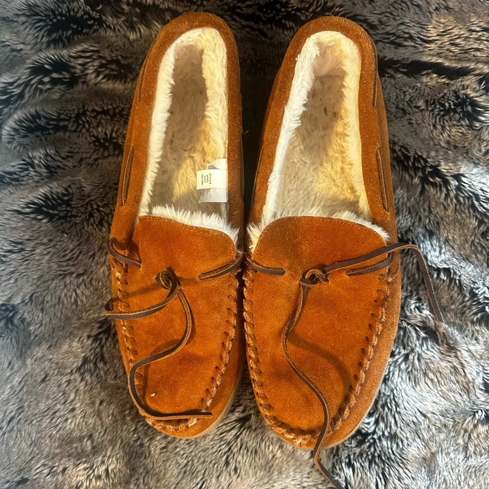 J. Crew Sherpa Lined Suede Brown Moccasin Slippers, Size 12